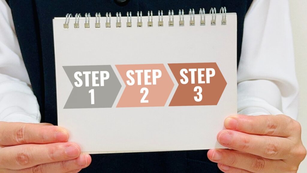 STEP1、STEP2、STEP3と書かれた矢印のイラストが載ったノートを持つ手